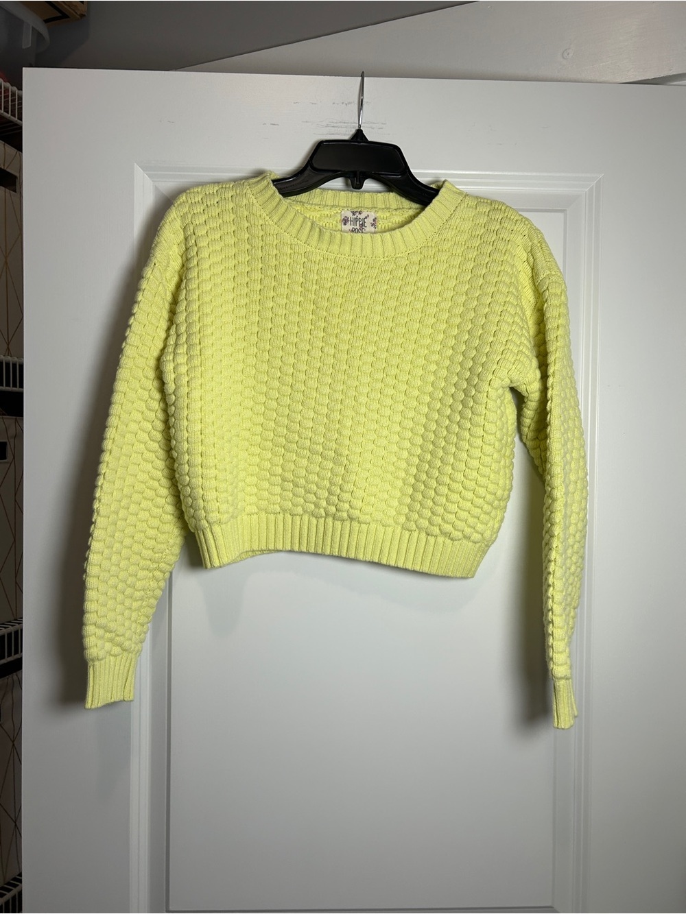 Hippie Rose Textured Cropped Crewneck Sweater - Pale Yellow